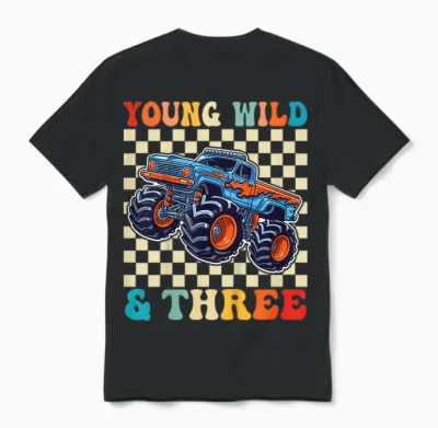 3rd Birthday Monster Truck Young Wild and Three 3 Year Old Unisex T-Shirt - Black