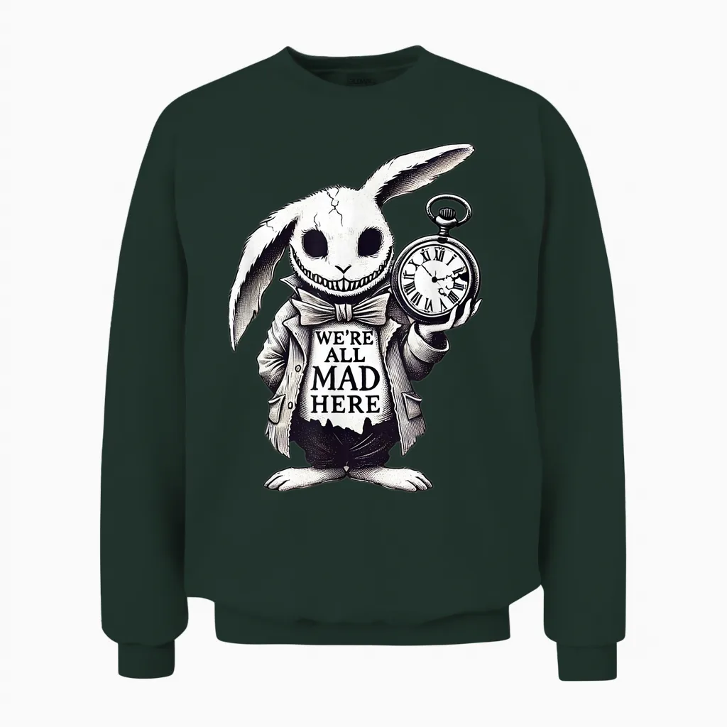 Alice in Wonderland - We're All Mad Here Rabbit Hatter Quote Unisex Sweatshirt in Forest