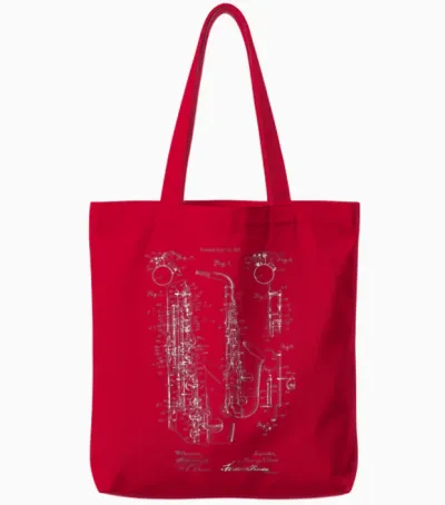 Vintage Jazz Saxophone 1915 Patent Print Tote Bags - Red