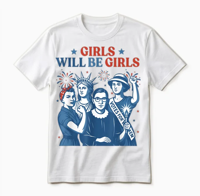 Girl Will Be Girls Patriotic Feminist 4th of July Unisex T-Shirt in White