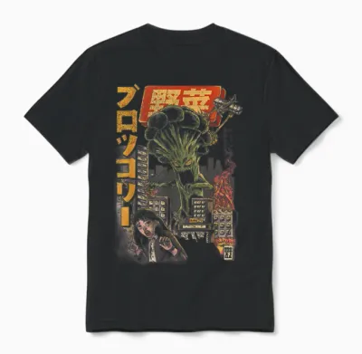 Ilustrata Official Broccozilla Brokkoli Monster Japanisches Kaiju Lustiger Brokkoli T-Shirt Schwarz S Crew-Ausschnitt Halbarm Unisex Damen Anime Cartoon Classic T-Shirt Halloween Unisex T-Shirt - Black