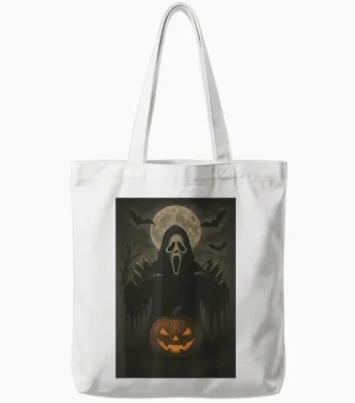 Scary Face Ghost Mask Pumpkin Moon Spooky Halloween Horror Tote Bags - White