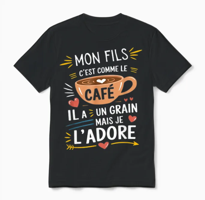 Mon Fils Comme Le Café – Gift Humour Coffee T-Shirt, Black, S Unisex T-Shirt in Black