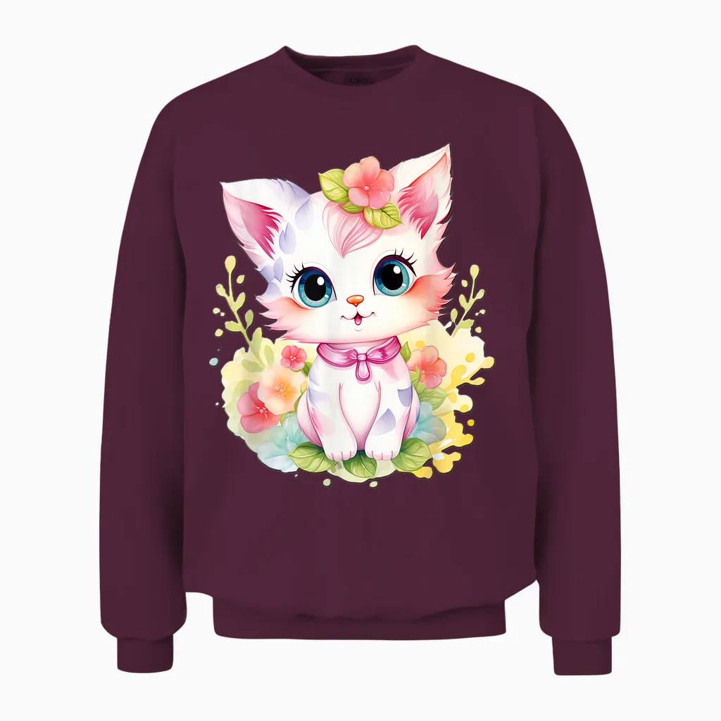 Süßes Farbenfrohe Katzen Liebhaber Outfits Baby Katze Mit Blumen Süße Katzen Kätzchen Mädchen Tochter Unisex Sweatshirt in Maroon