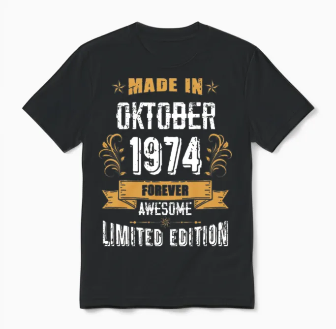 October 1974 Vintage Birthday Present Unisex T-Shirt in Black