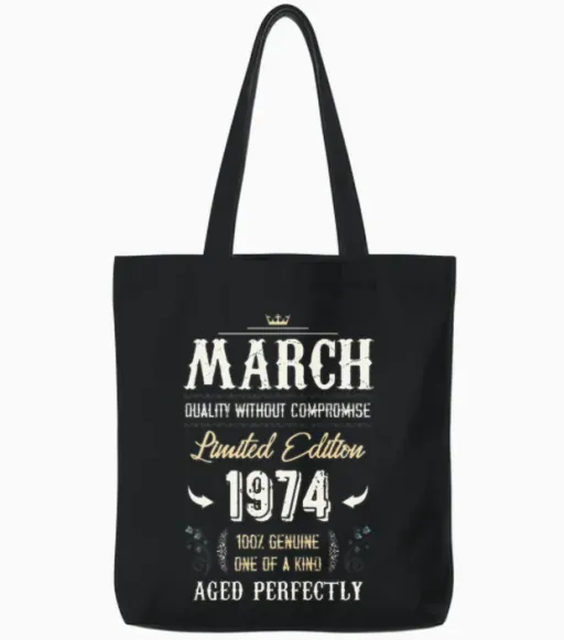 March 1974 Vintage Birthday Present Tote Bags in Black
