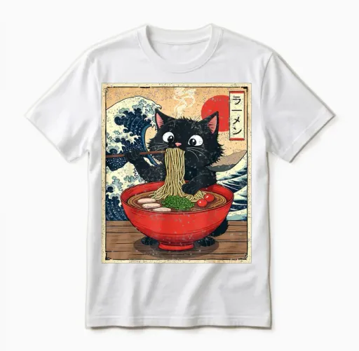 Vintage Cat Kawaii Neko Ramen Art Japanese Anime Funny Gifts T-Shirt, Black, S Unisex T-Shirt - White