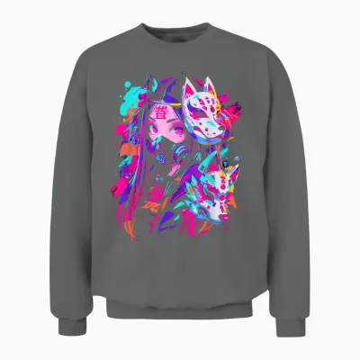 Anime Manga Cyberpunk Aesthetic Techwear Harajuku Kitsune T-Shirt, Black Unisex Sweatshirt - Graphite Heather