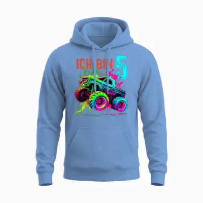 Kinder Ich Bin 5 Jahre Junge Mädchen 5. Geburtstag Monster Truck Unisex Hoodie - Carolina Blue