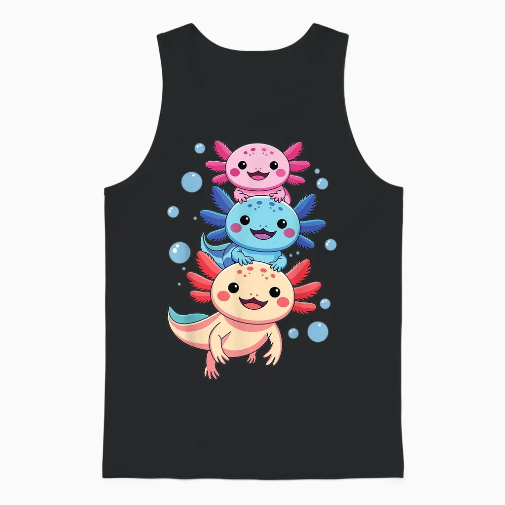 Axolotl Kawaii Anime Cute Axolotls for Boys Girls Men Unisex Tank Top in Black