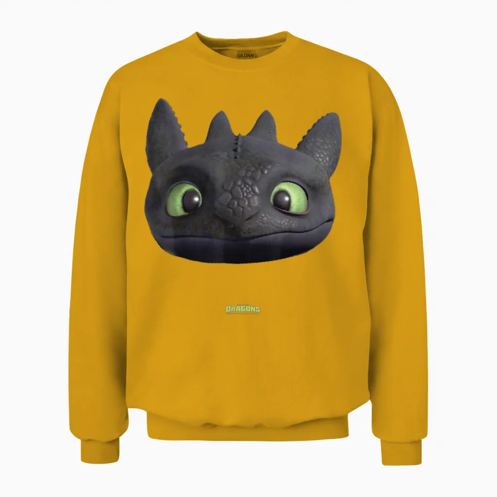 Dreamworks Dragons Toothless Night Fury Big Face Costume Unisex Sweatshirt in Gold