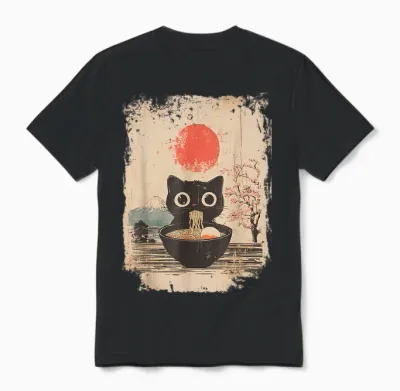 Lustige Kawaii Schwarze Katze Isst Ramen Nudeln Schüssel Unisex T-Shirt - Black