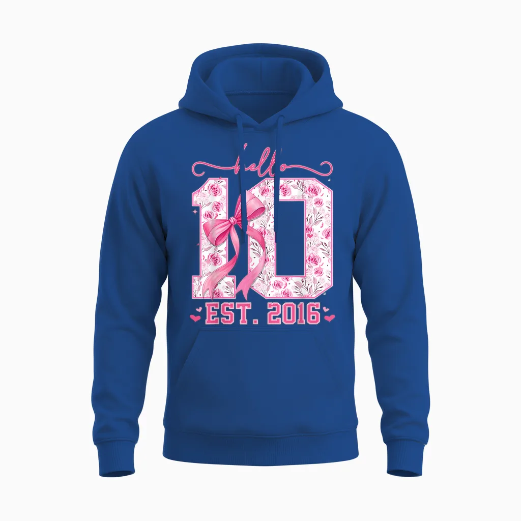 Hello Ten Est 2016 Pink Coquette Bow 10th Birthday Girls Unisex Hoodie in Royal