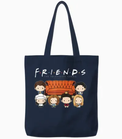 Friends Chibi Characters Central Perk Coffee Shop Group Shot Tote Bags - Navy