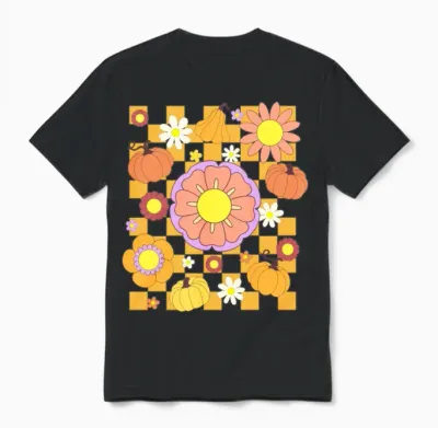 Pumpkin and Flower Retro Unisex T-Shirt - Black