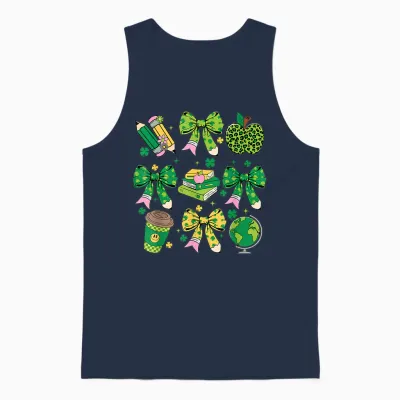 St Patrick's Day Lucky Teacher Shamrock Coquette Bow Pencil Unisex Tank Top - Navy