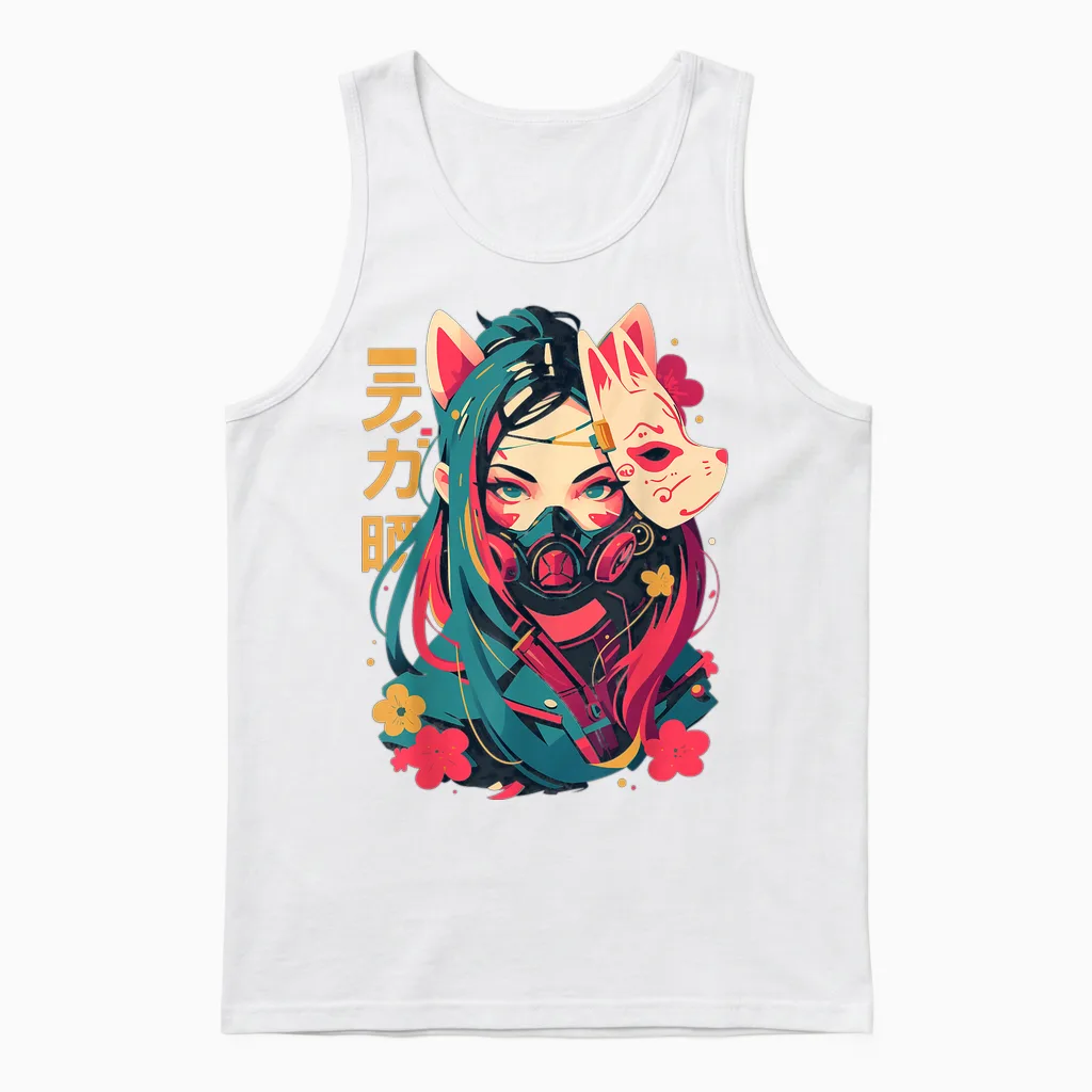 Anime Manga Cyberpunk Aesthetic Techwear Harajuku Kitsune T-Shirt, Black Unisex Tank Top in White