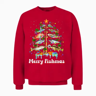 Merry Fishmas Christmas Tree Funny Fish Fishing Fisherman Unisex Sweatshirt - Red