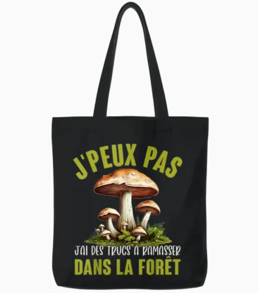 J'peux Pas J'ai Mushrooms Forest Accessories Dad Idea Deco T-Shirt, Black, S Tote Bags in Black