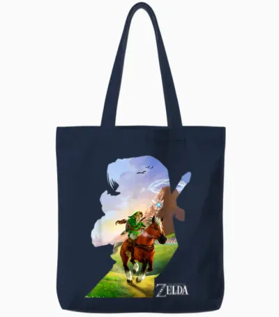 Nintendo Zelda Link Epona Ride Silhouette T-Shirt Small Tote Bags - Navy