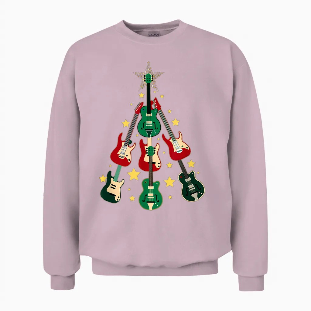 Cool Guitar Christmas Tree Guitar Lovers Christmas Tree Unisex Sweatshirt in Light Pink