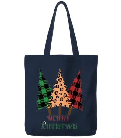 Plaid Pattern ,leopard Print Christmas Tree Tote Bags - Navy