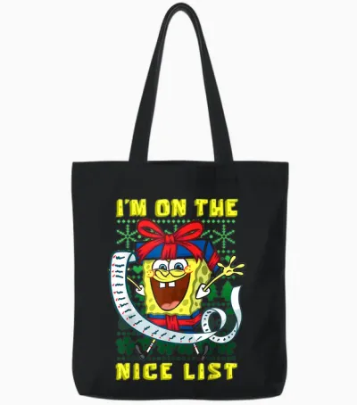Mademark X Spongebob Squarepants - Spongebob Christmas I'm on the Nice List of Santa Boys Girls Tote Bags - Black
