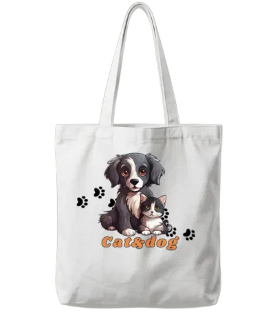 Cute Gray Cat and Dog Wit Each Other Tote Bags - White