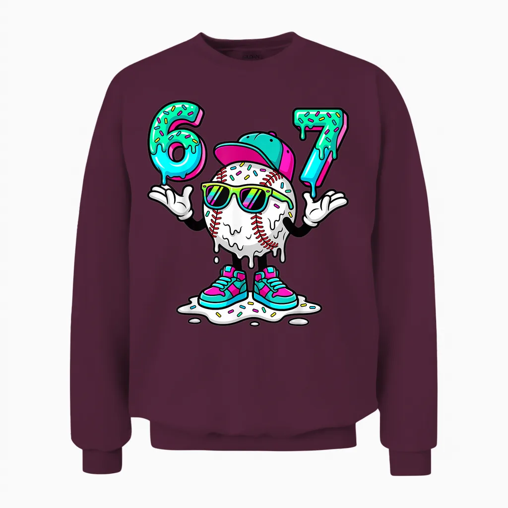 67 Meme Six Seven 6 7 Meme Funny Baseball Ice Cream Drip Unisex Sweatshirt in Maroon