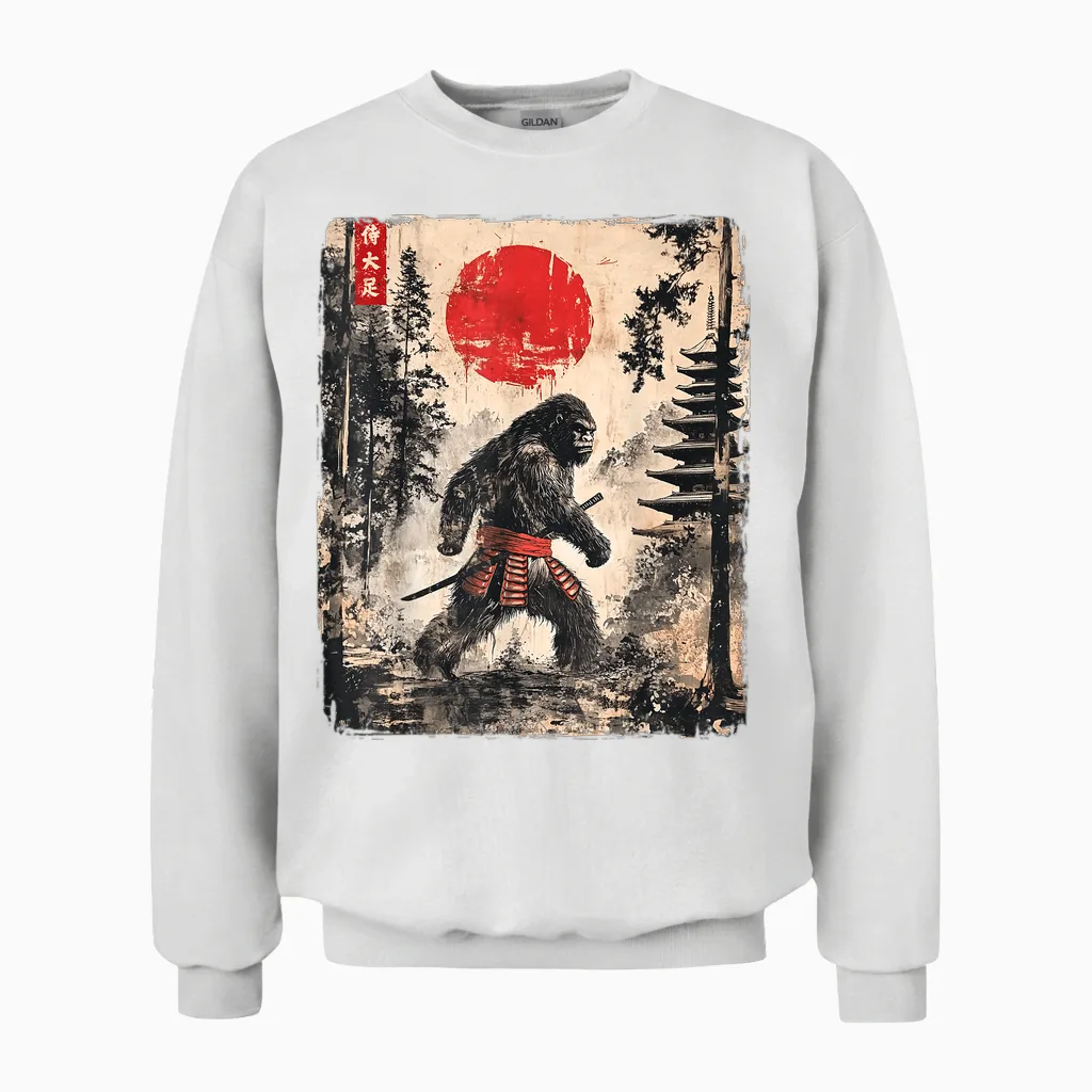 Samurai Bigfoot Japanese Vintage Graphic Ukiyo-E Art Funny Unisex Sweatshirt in White