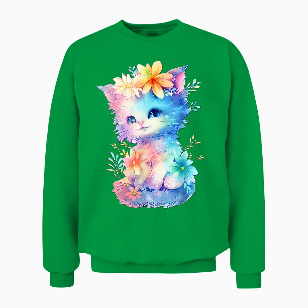 Baby Cat with Flowers Cute Cats Kitten Girls Daughter T-Shirt, White Unisex Sweatshirt in Irish Green