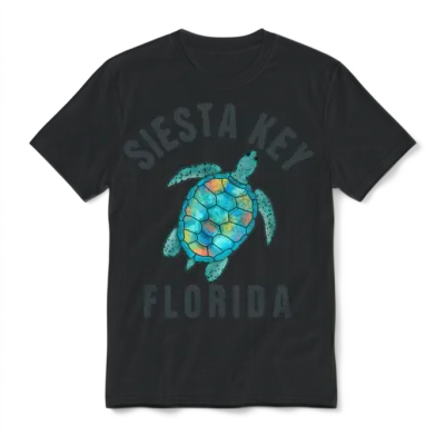 Siesta Key Fl Beach Sea Turtle Illustration Unisex T-Shirt - Black