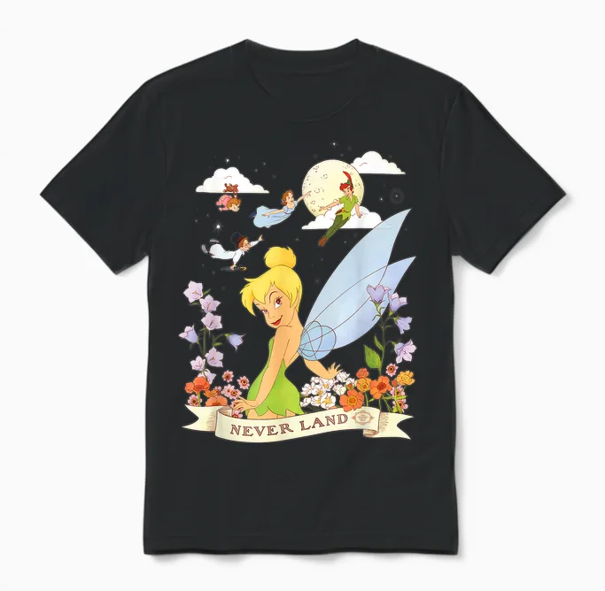 Disney Peter Pan Tinker Bell Never Land Flowers and Flight Unisex T-Shirt in Black