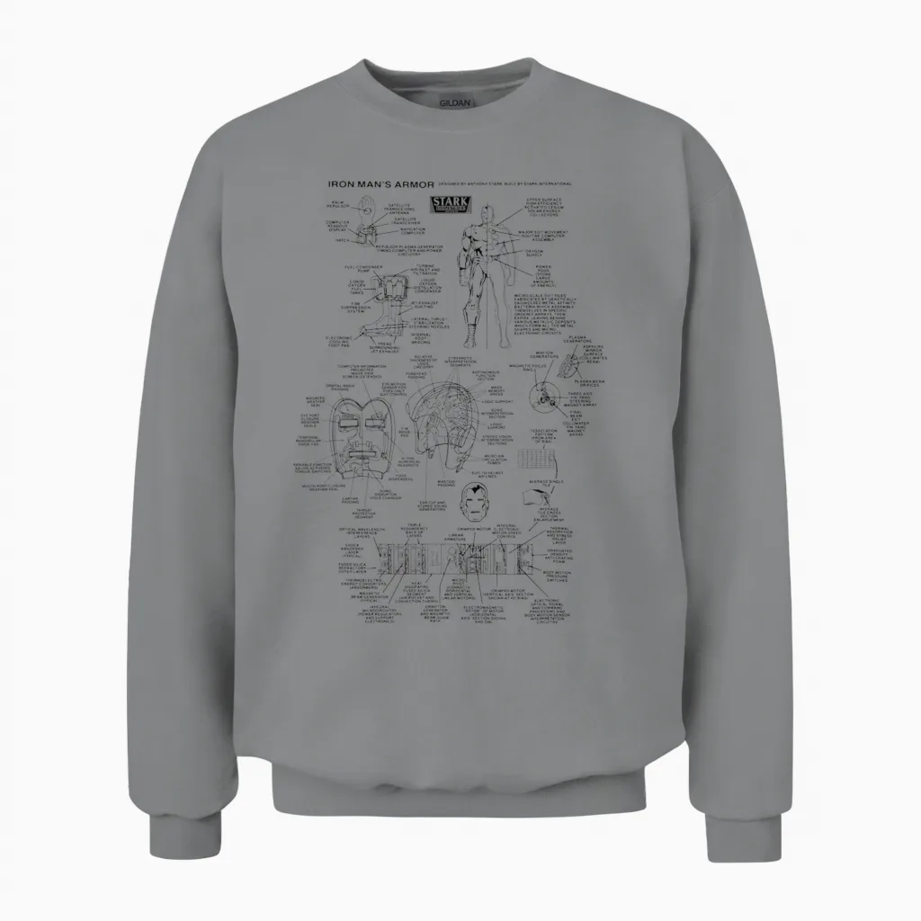 Marvel Iron Man Stark Industries T-Shirt Black Armor Detail Unisex Sweatshirt in Sport Grey