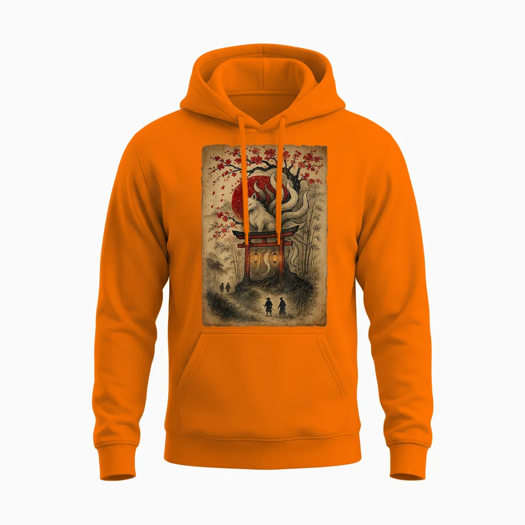 Japanischer Vintage-Fuchs Mit Kirschblüten Unisex Hoodie in Safety Orange