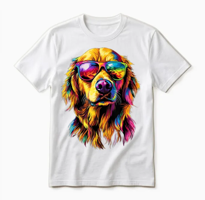 Golden Retriever with Sunglasses Dog Motif I Love Dogs T-Shirt, Black, S Unisex T-Shirt in White