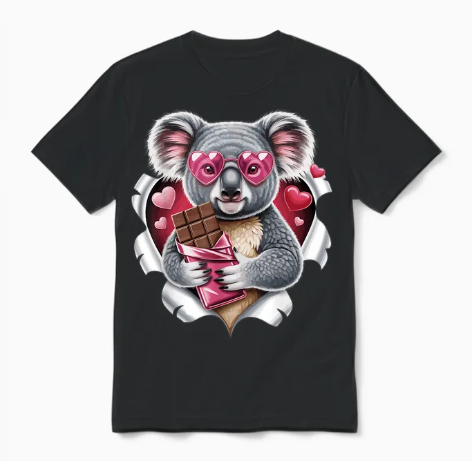 Cute Koala with Chocolate and Pink Hearts Love Unisex T-Shirt in Black