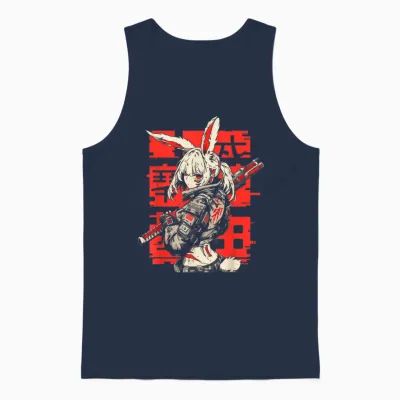 Anime Manga Cyberpunk Aesthetic Techwear Harajuku Bunny Girl T-Shirt, Black Unisex Tank Top - Navy