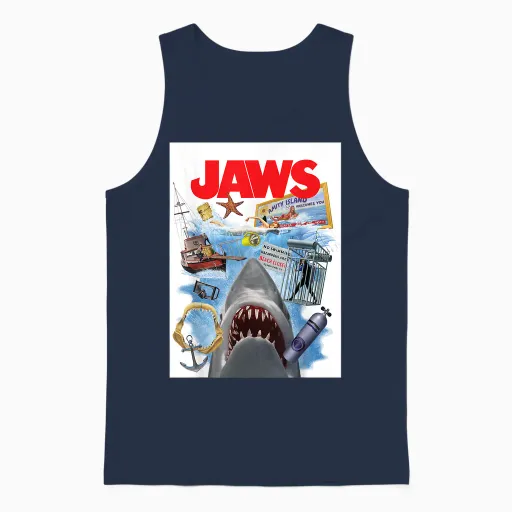 Jaws 50th Anniversary Poster Amity Island Collage 2-Sided Unisex Tank Top in Navy