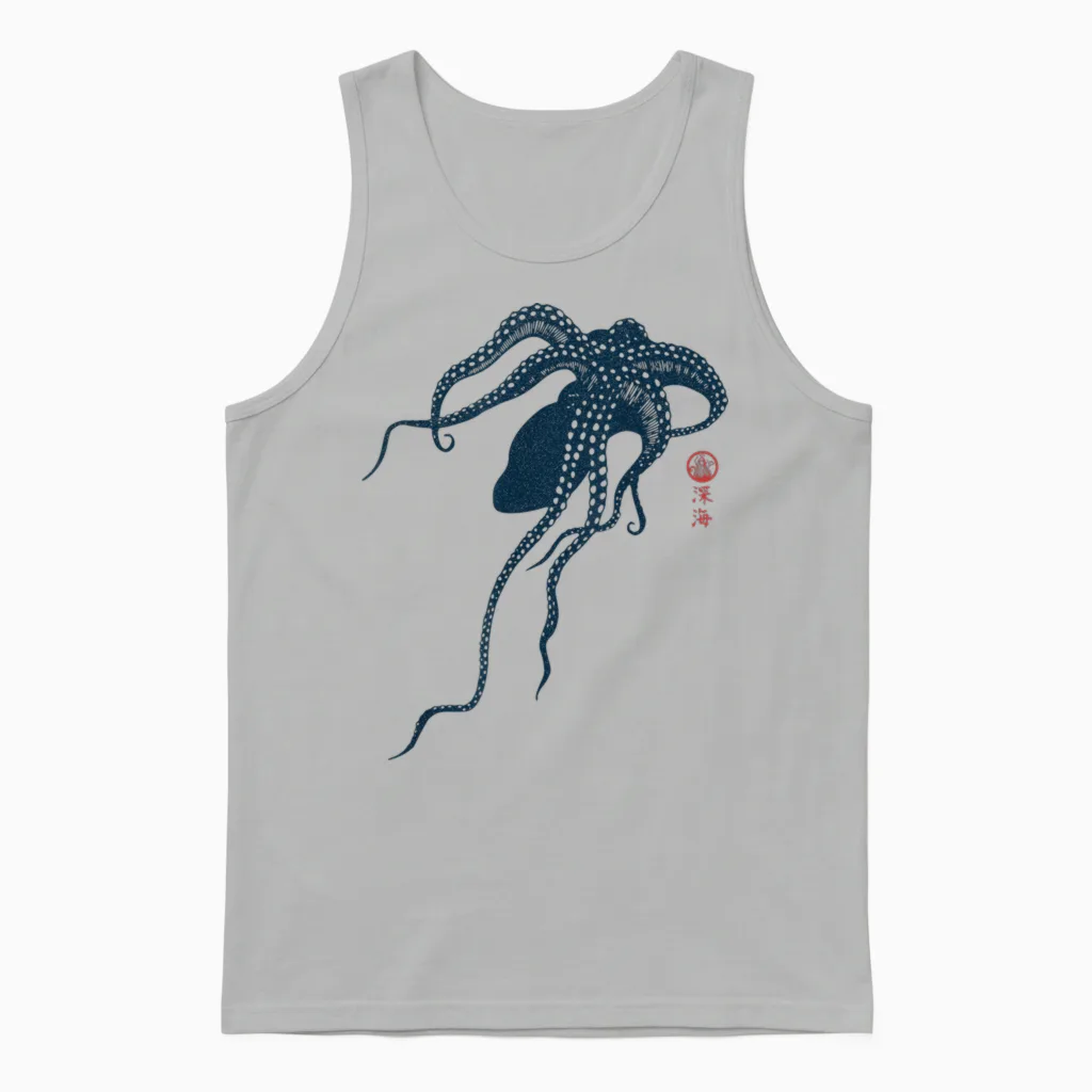 Japanese Aesthetic Vintage Octopus Unisex Tank Top in Ash