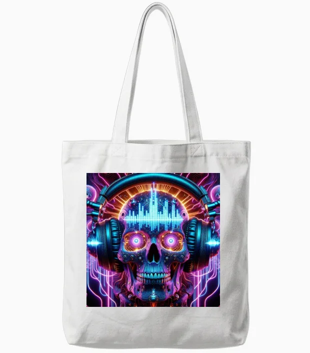 Futuristic Dj Skull Vinyl & Tote Bags in White