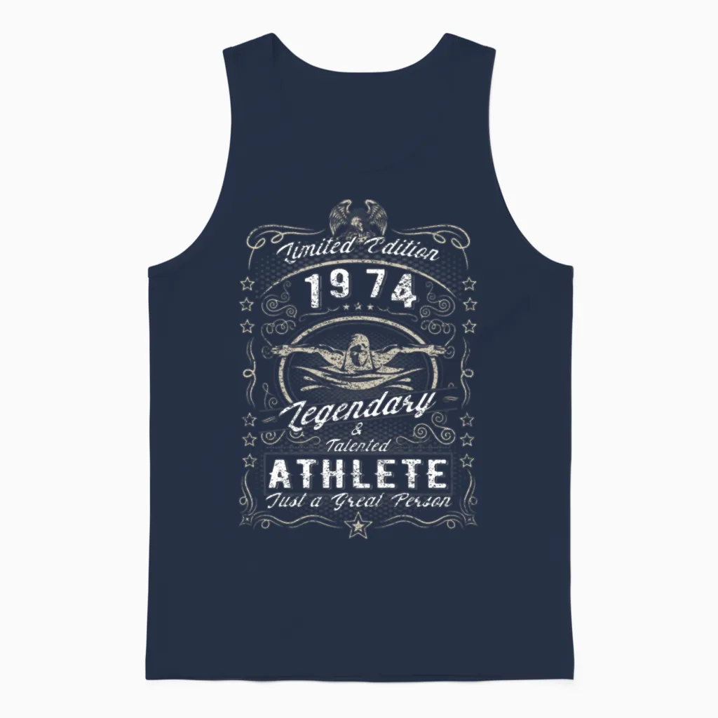 Vintage 1974 Swimmer Birthday Gift Sport Hobby Unisex Tank Top in Navy