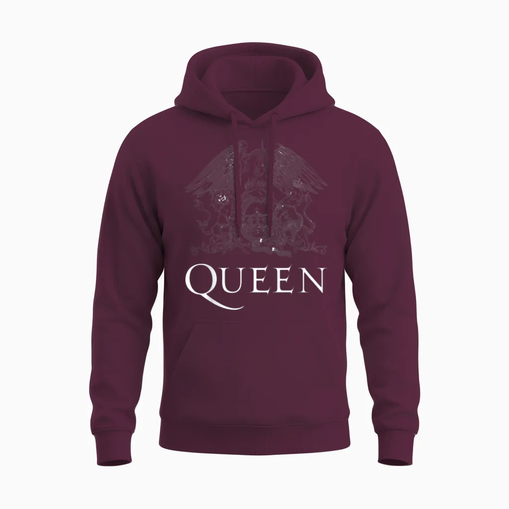 Queen Official Classic Crest Logo White T-Shirt, Black Unisex Hoodie in Maroon