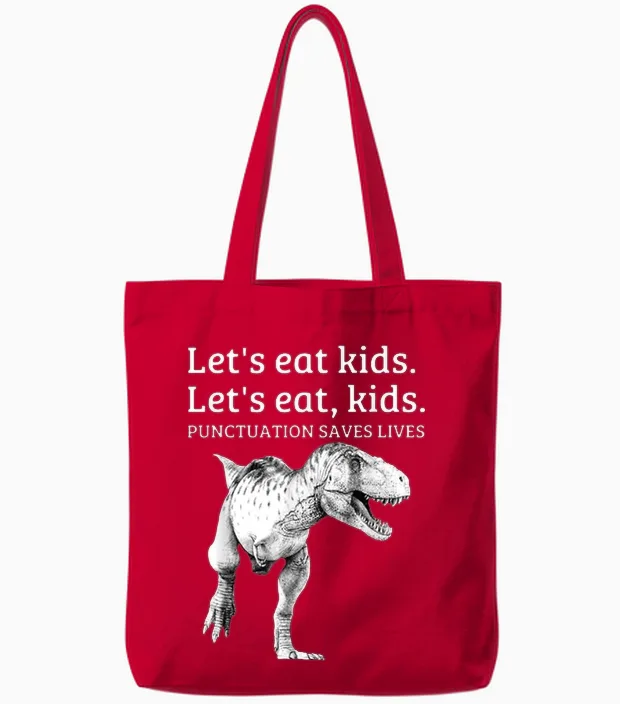 Funny Let's Eat Kids Punctuation Saves Lives Grammar Tote Bags in Red