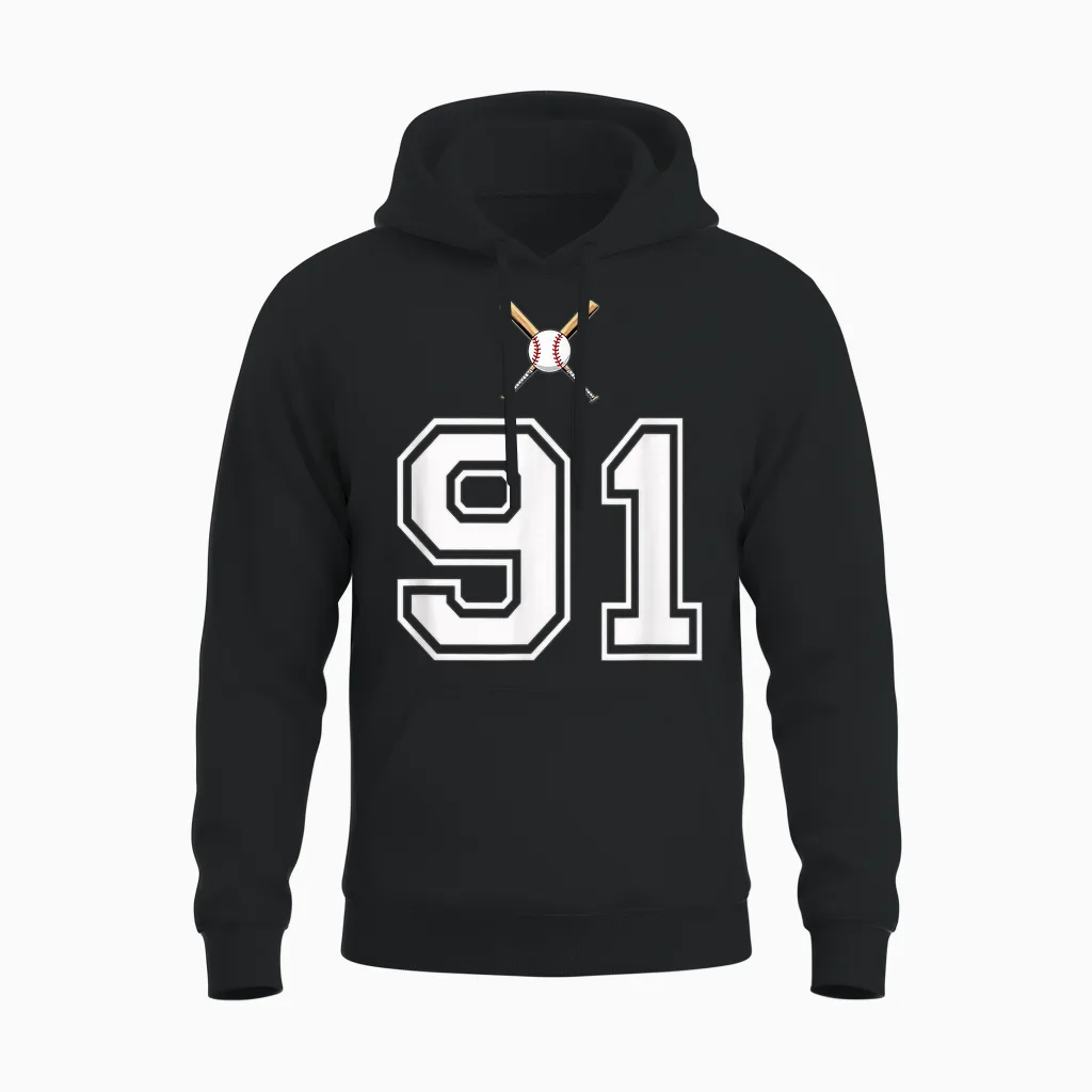 91 Numéro Base-Ball Style Vintage Blanc Unisex Hoodie in Black