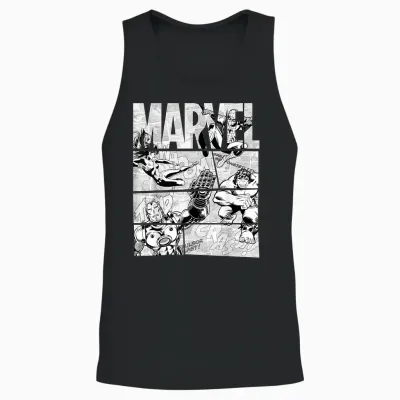 Marvel Avengers Retro Black and White Comic Graphic Short Sleeve Unisex Tank Top - Black