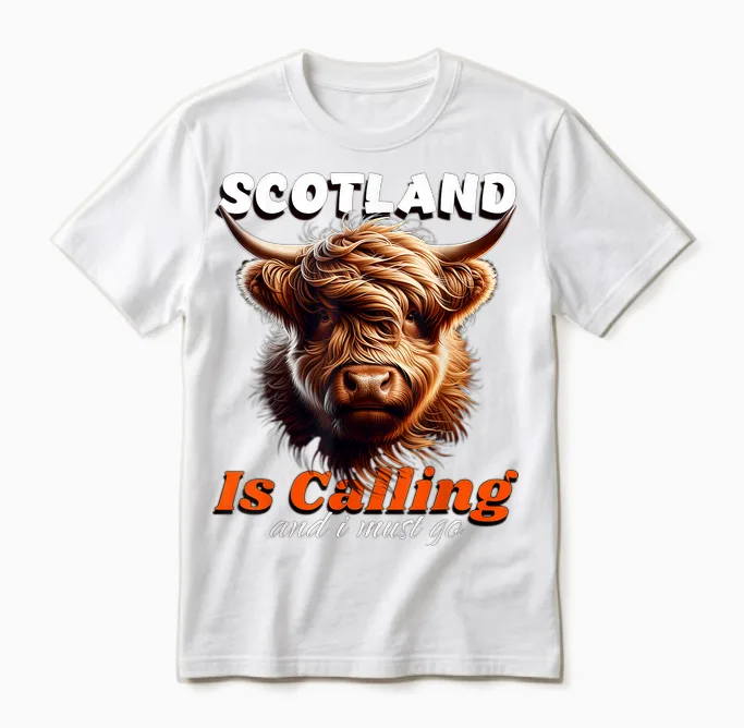 Scotish Cow Scotland Cow Calls Me and I Have to Go T-Shirt, Black, S Unisex T-Shirt in White