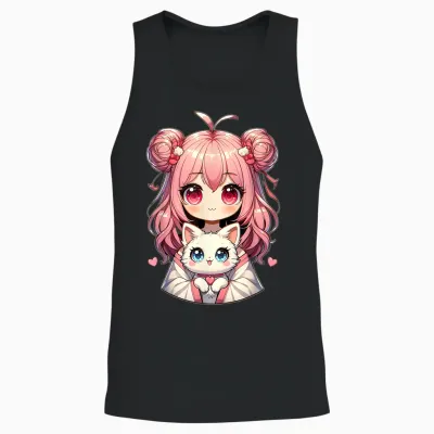 Anime Cute Cat Lovers Kawaii Manga Otaku Anime Girl Pink T-Shirt, Black, S Unisex Tank Top - Black