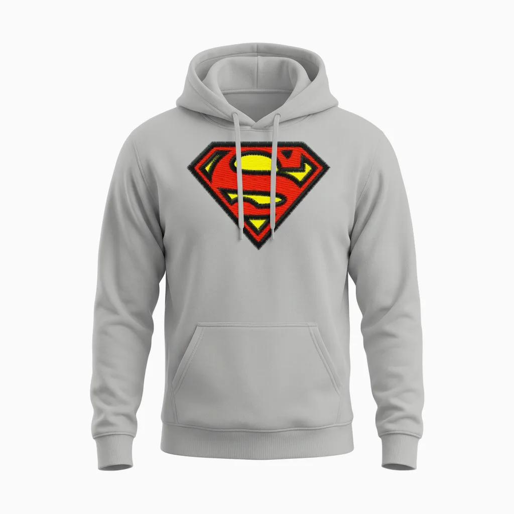 Superman Small Logo S-Shield Embroidery Unisex Hoodie in Ash