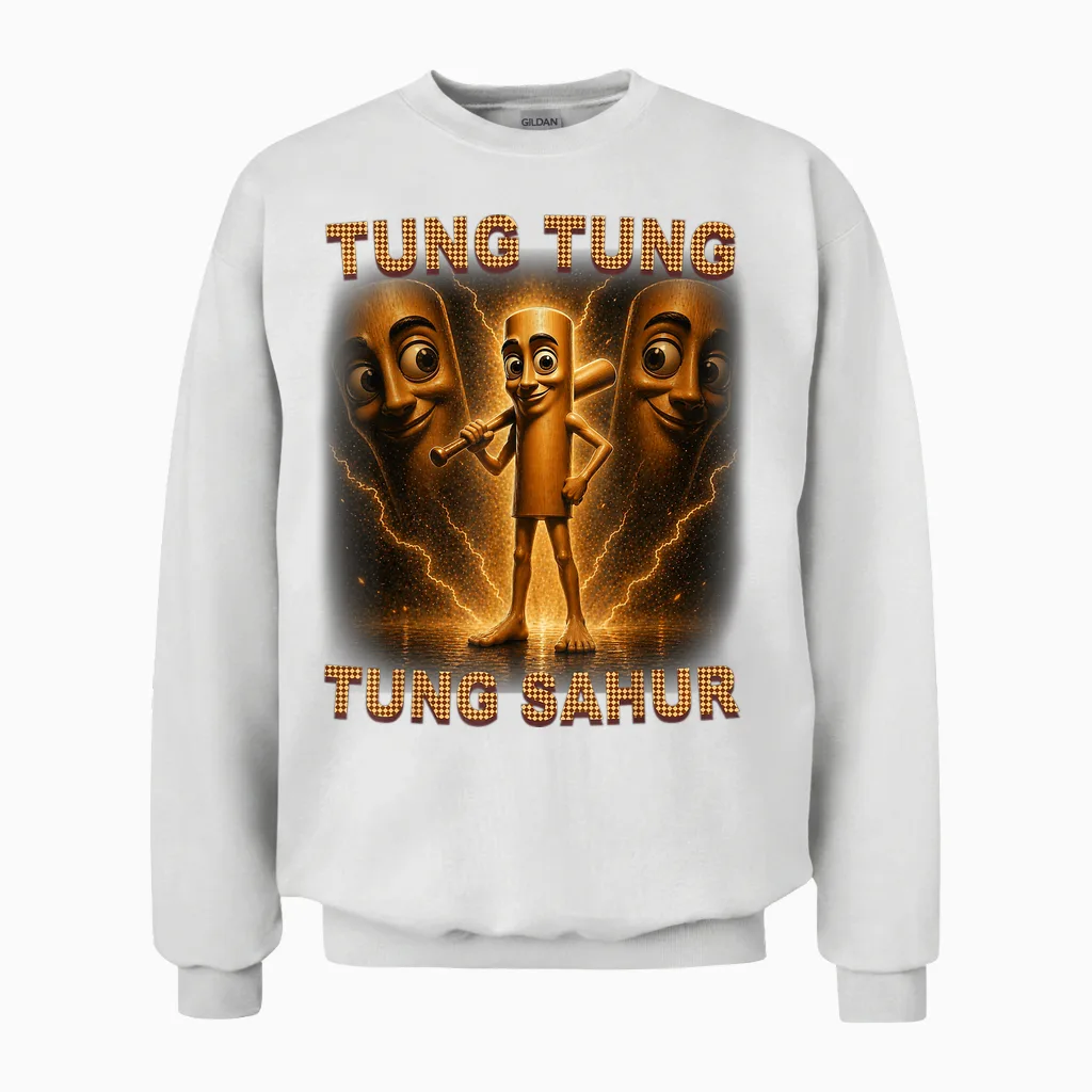 Tung Tung Tung Sahur Is Calling Italian Brainrot Meme Kid Unisex Sweatshirt in White